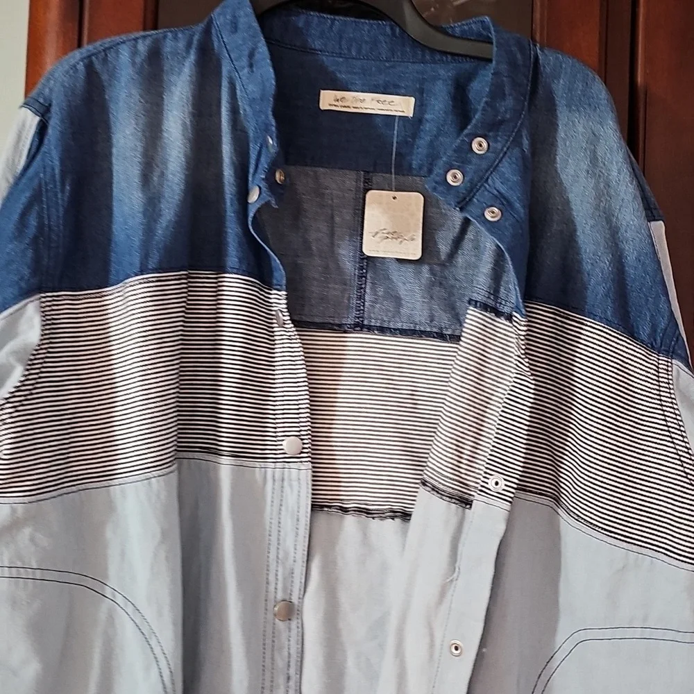 Free People Motto Color Block Shirt Blue Combo Size XL NWT